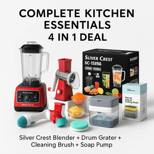 4-in-1 Kitchen Deal – Silver Crest Juicer + Grater + Cleaning Brush + Soap Pump | Free Delivery All UAE